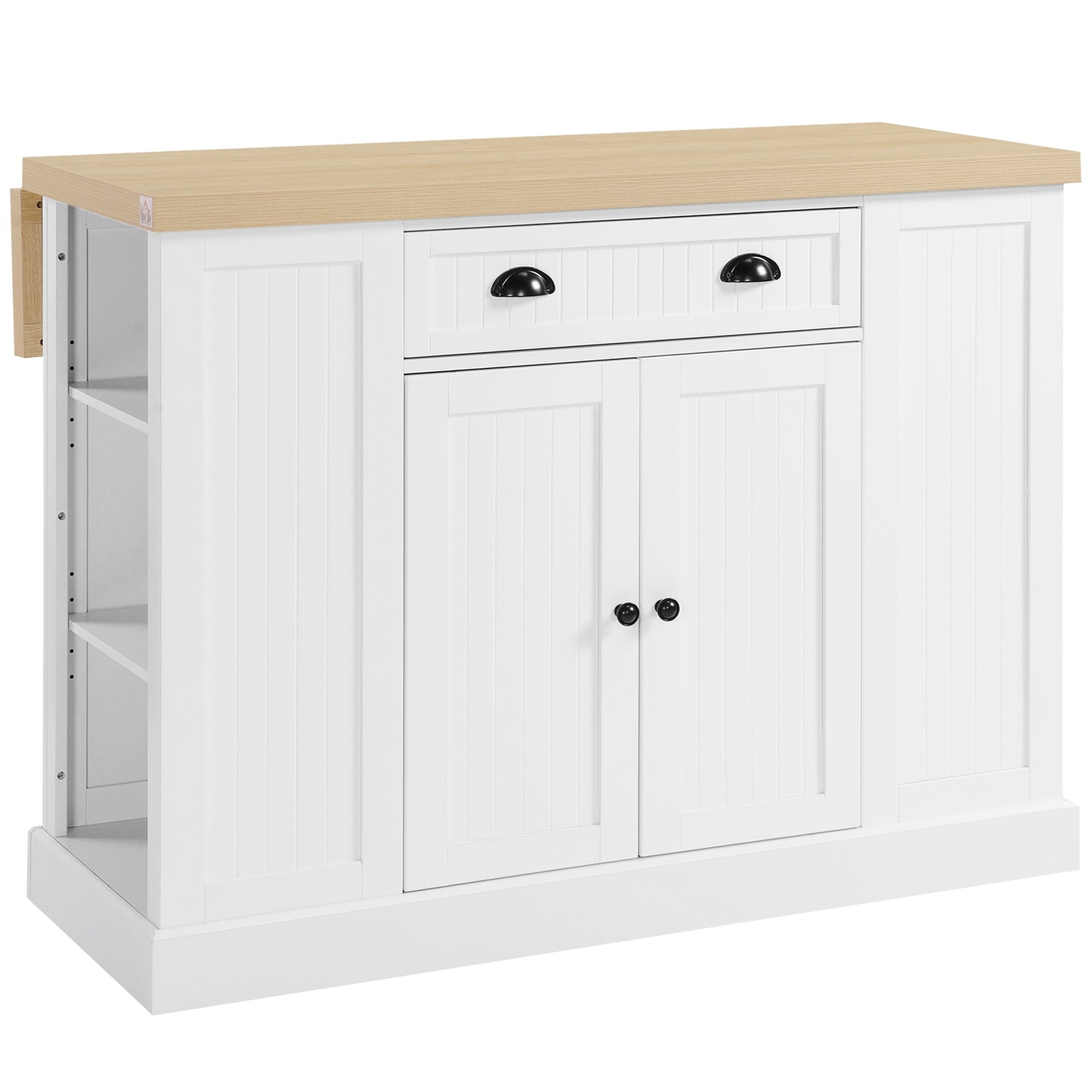 Modern White Fluted Wooden Kitchen Island with Drop Leaf, Drawer, and Open Shelves for Versatile Storage