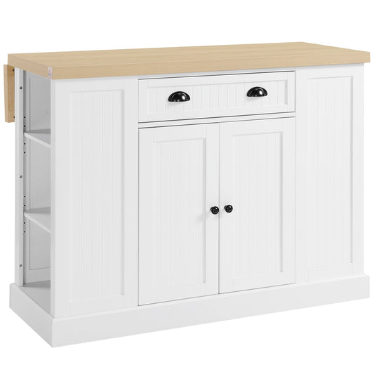 Modern White Fluted Wooden Kitchen Island with Drop Leaf, Drawer, and Open Shelves for Versatile Storage