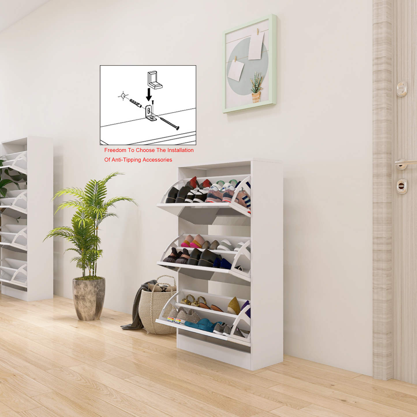 Slim Mirror Shoe Storage Cabinet – 3-Tier Wooden Organizer for Entryway and Bedroom, White Finish