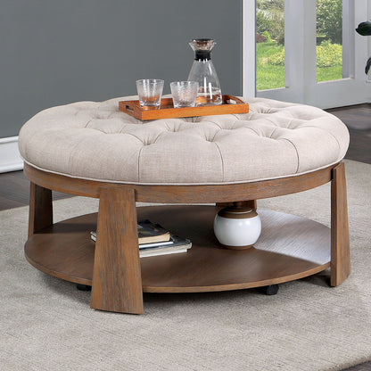 Round Ottoman with Open Bottom Shelf, Deep Button Tufted Linen, Living Room, Beige Wire-brushed Finish