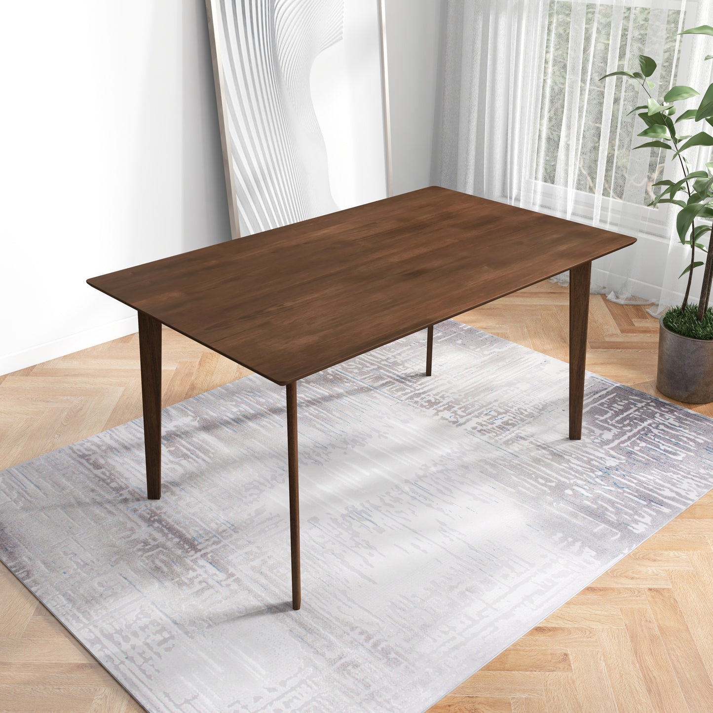 Solid Wood Dining Table Mid Century Modern Brown Finish