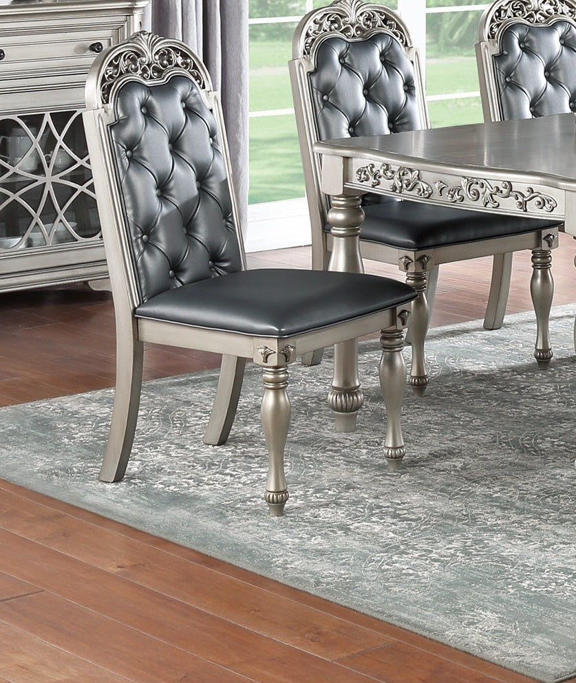 Set of 2 Formal Dining Chairs, Rubberwood, Tufted Back, Cushioned Seat, Traditional Design, Grey-Silver