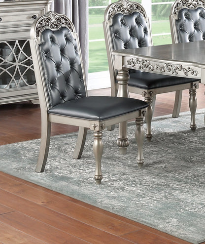 Set of 2 Formal Dining Chairs, Rubberwood, Tufted Back, Cushioned Seat, Traditional Design, Grey-Silver