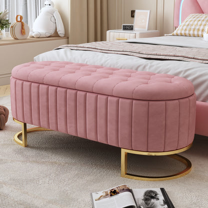 47-Inch Velvet Button-Tufted Storage Ottoman with Metal Legs, Open Storage, Bedroom or Living Room Pink