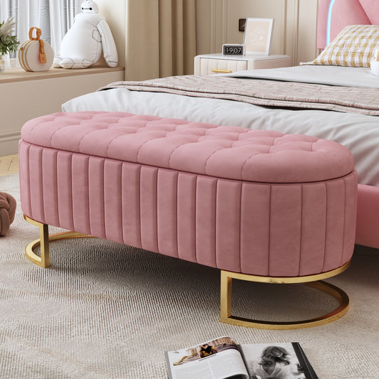 47-Inch Velvet Button-Tufted Storage Ottoman with Metal Legs, Open Storage, Bedroom or Living Room Pink