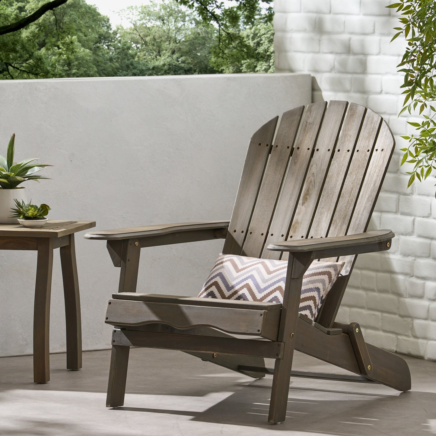 Outdoor Adirondack Chair Made From Acacia Wood, 36.41 Inch Length, 30.31 Inch Width, 3 Inch Height, Assembled Gray