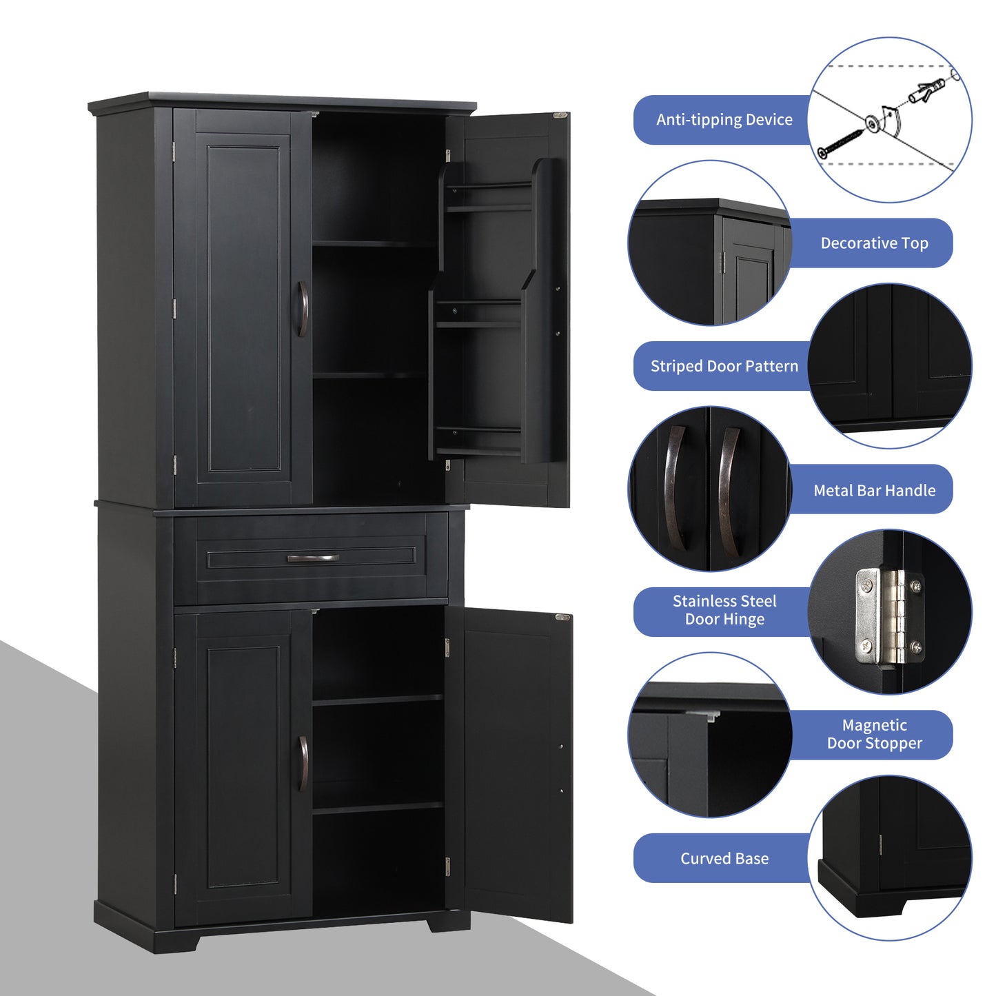 Tall Black Bathroom Storage Cabinet with Adjustable Shelf, Doors, and Drawer for Versatile Organization