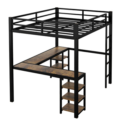 Stylish Full XL Metal Loft Bed with Integrated Desk and Storage Shelves, Ideal Space-Saving Solution for Bedrooms, Black Finish
