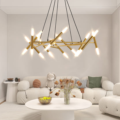 Branch-Design Pendant Chandelier with Frosted Tubes, Adjustable Height Dining/Living, Hard-Wired, Gold
