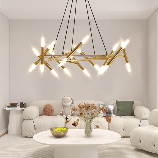 Branch-Design Pendant Chandelier with Frosted Tubes, Adjustable Height Dining/Living, Hard-Wired, Gold