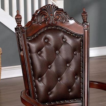 Traditional 2pcs Arm Chairs Brown Cherry Solid wood Dark Brown Leatherette Seats Tufted Back Formal Dining Room Furniture