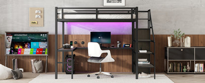 Full XL Metal Loft Bed with L-Shaped Desk, Wardrobe, USB Charging, and LED Lighting for Teens and Adults - Black