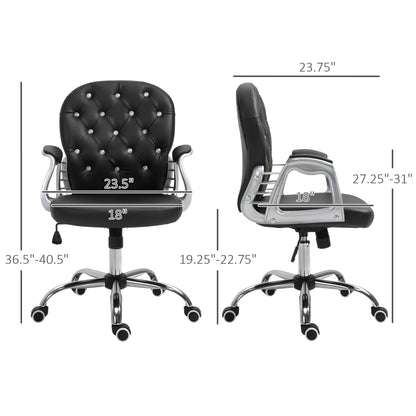 Button-Tufted Adjustable Black PU Leather Desk Chair with Padded Armrests and Swivel Wheels