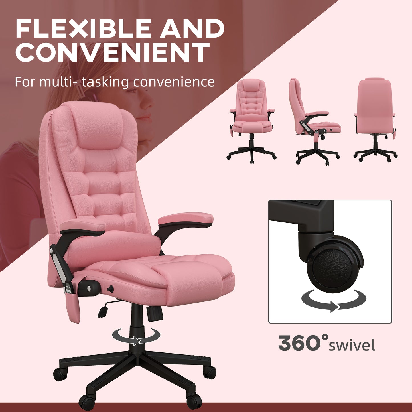 Pink High Back Massage Office Chair with Heated Recline and Remote Control - 6 Vibration Points, PU Leather