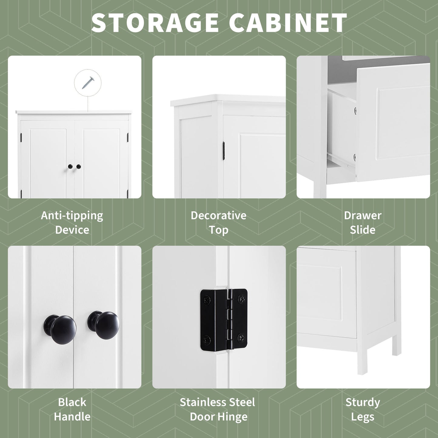 White MDF Bathroom Storage Cabinet with Adjustable Shelves, Two Doors, and Drawers