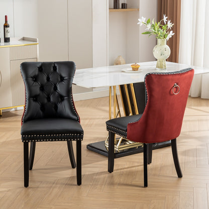 Modern Tufted Solid Wood Dining Chairs, PU & Velvet, Wood Legs, Set of 2, Black + Burgundy