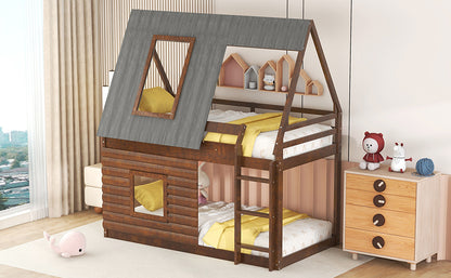 Charming Oak & Smoky Grey Twin Size House Bunk Bed with Roof, Ladder, and Two Windows