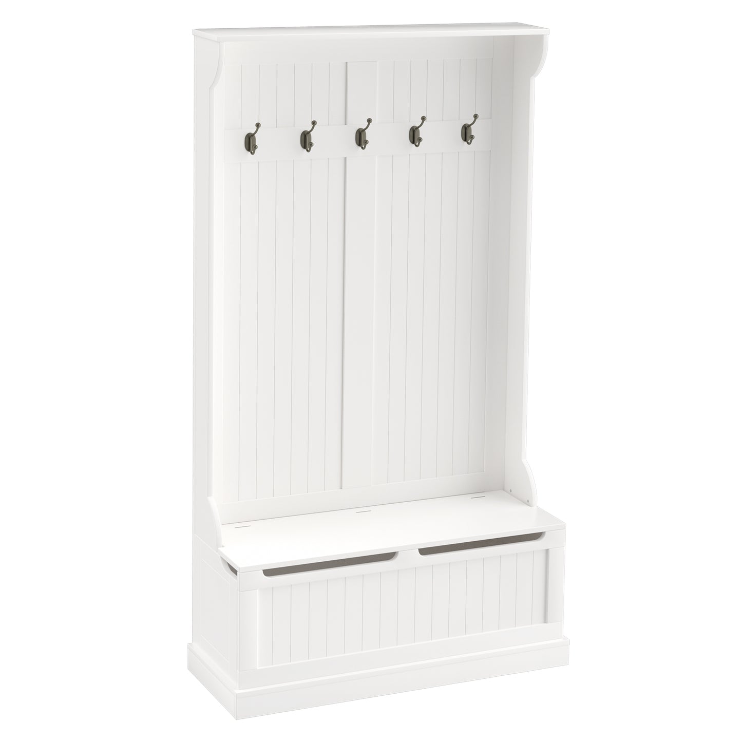 37.75W 3-in-1 Entryway Hall Tree with Storage Bench, Coat Rack, 4 Hooks, Shoe Storage, MDF Cream White