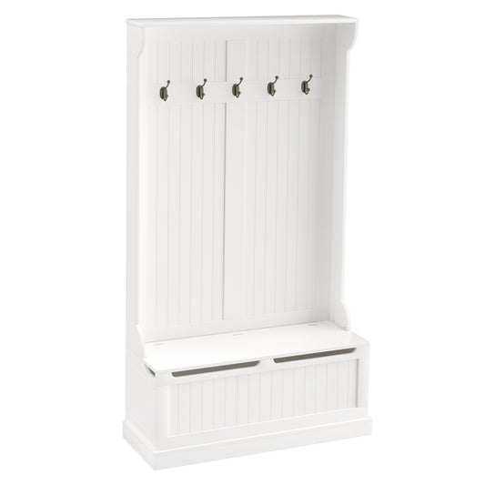 37.75W 3-in-1 Entryway Hall Tree with Storage Bench, Coat Rack, 4 Hooks, Shoe Storage, MDF Cream White