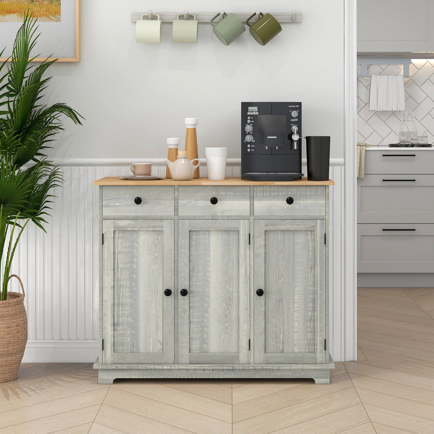 HOMCOM Sideboard with Solid Wood Countertop, Modern Kitchen Storage Cabinet, Coffee Bar Cabinet with 3 Drawers, Doors and Adjustable Shelf, Distressed Light Gray