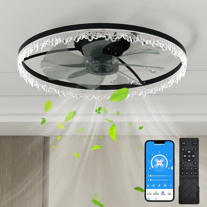24-Inch Crystal Ceiling Fan with Lights, LED, Remote, Timer, 5-Blade, Flush Mount, Dimmable, Black