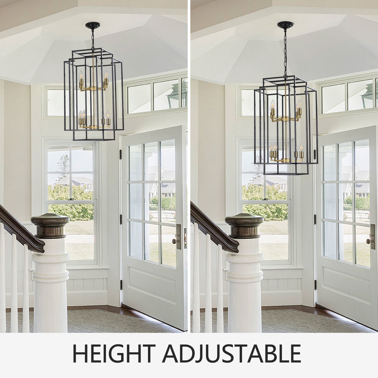 8-Light Lantern Pendant Industrial Farmhouse Chandelier Kitchen Island 60in Adjustable Boom Black & Gold