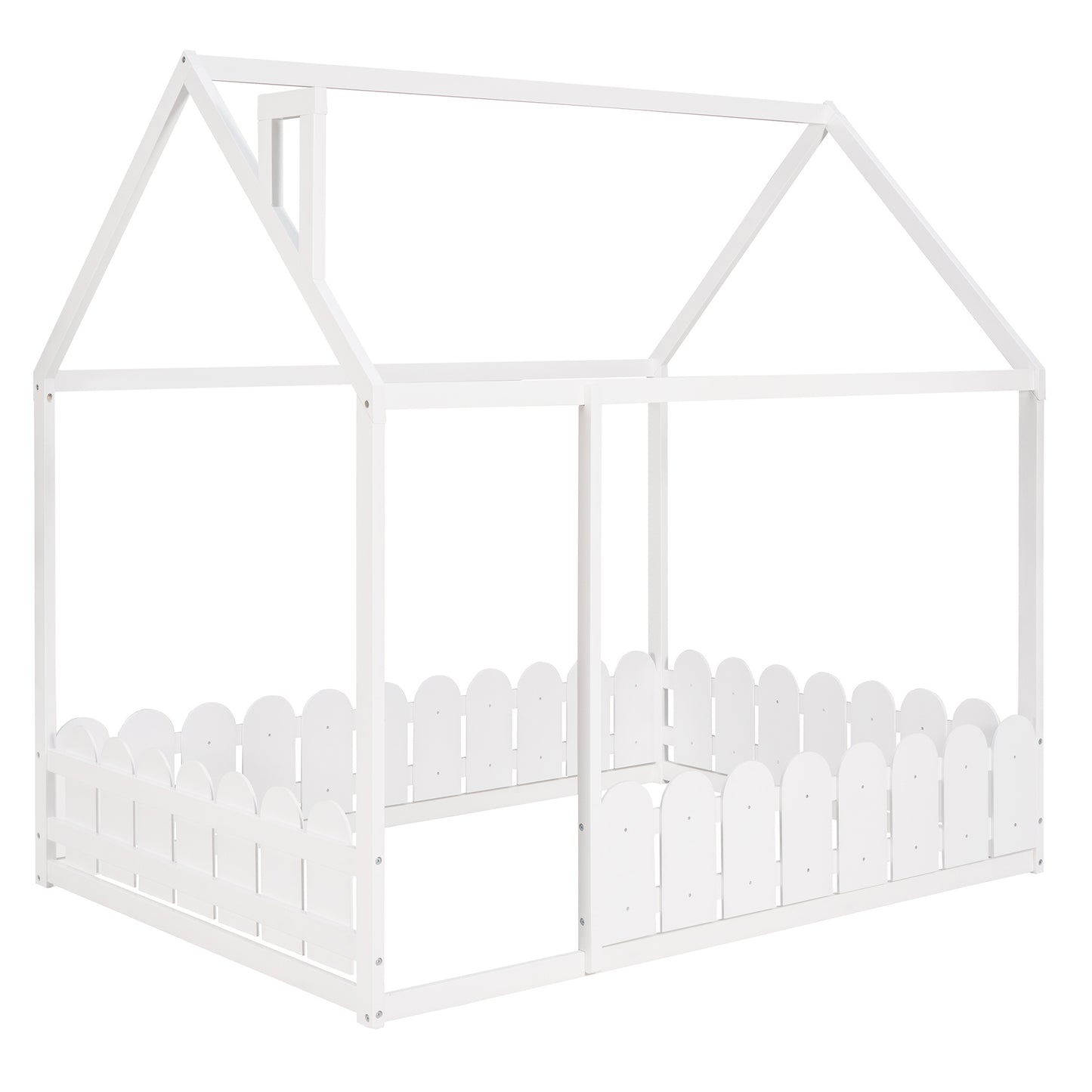 Full Size Wooden House Bed Frame with Fence for Kids and Teens - White (Slats Not Included)