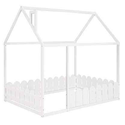 Full Size Wooden House Bed Frame with Fence for Kids and Teens - White (Slats Not Included)