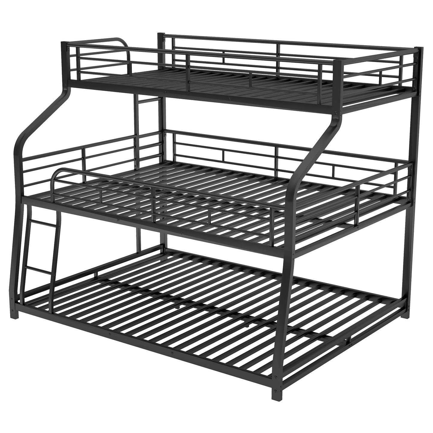 Metal Triple Bunk Bed in Black for Twin XL, Full XL, and Queen Sizes with Dual Ladders and Full-Length Guardrails