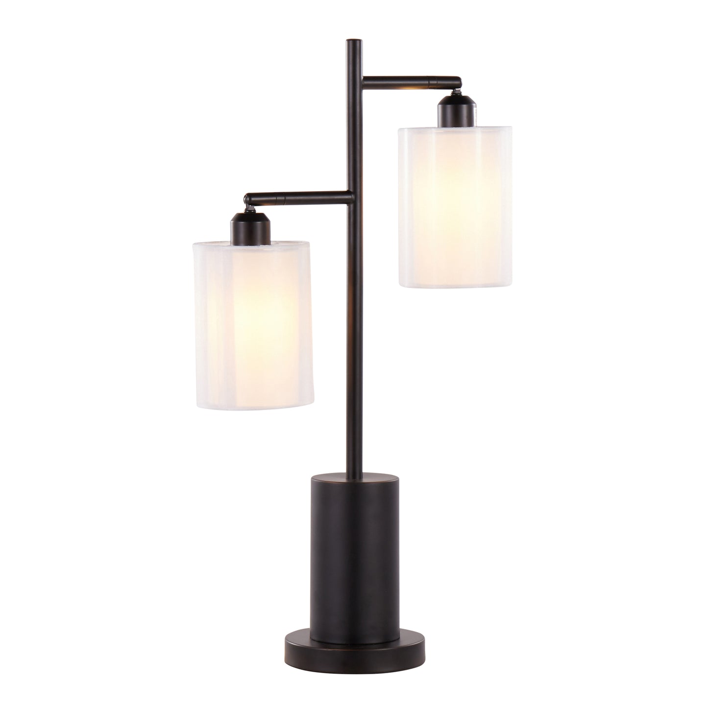 Contemporary Two-Light Table Lamp with Adjustable Heads, White Drum Shades, 2 LED Bulbs, Indoor, Black