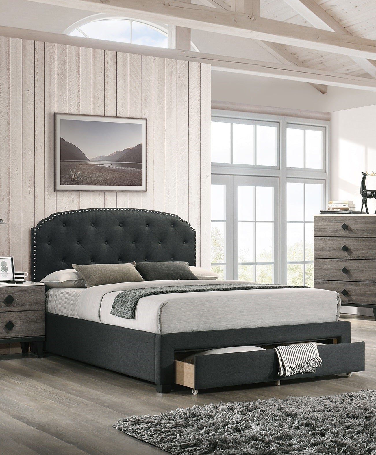 Charcoal Burlap Twin Storage Bedframe with Button Tufted Headboard and Underbed Drawer