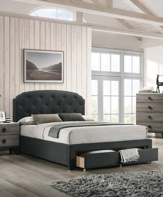 Charcoal Burlap Twin Storage Bedframe with Button Tufted Headboard and Underbed Drawer
