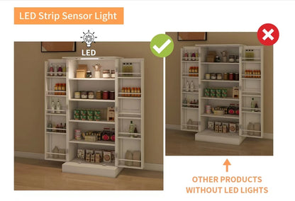 Elegant 50" White LED Pantry Cabinet with Dual Doors, Adjustable Shelves, and Intelligent Lighting for Stylish Kitchen and Dining Storage