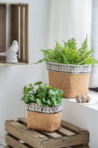 Set of 2 Rect. Cement Planters with Geometric Trim, Large/Small, Indoor/Outdoor Rustic Decor, Brown Multi