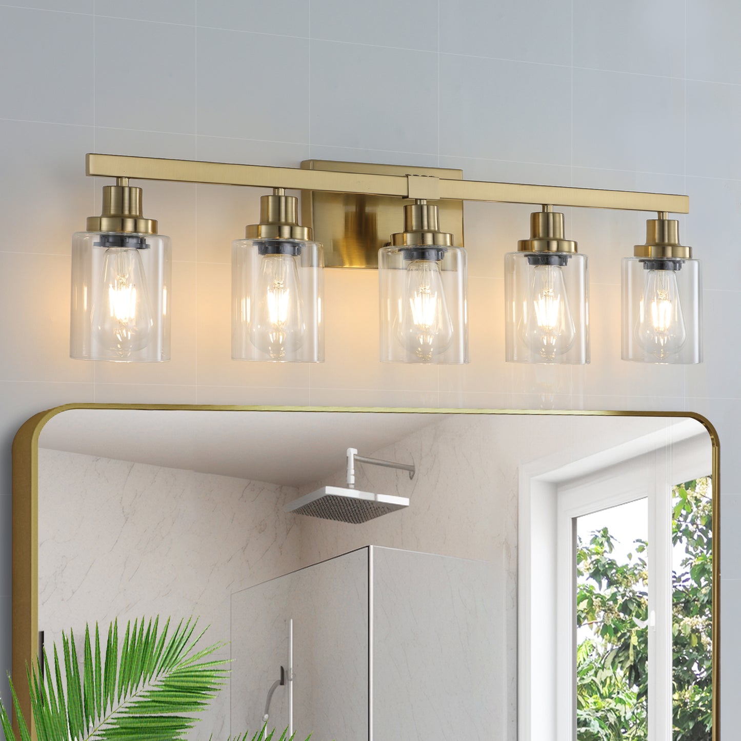 Five-Bulb Vanity Light with Clear Glass Shades Wall Fixture for Bathroom Bulbs Not Included Gold Finish