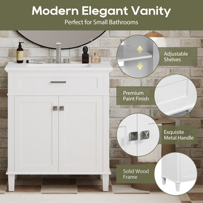 Stylish 30-Inch Bathroom Vanity with Elegant Ceramic Sink, Soft Close Doors, and Adjustable Storage Shelves