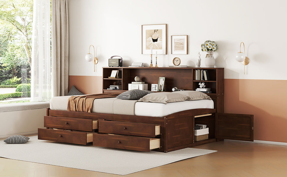 Elegant Antique Brown Full Size Wooden Captain Bed with Ample Storage and Built-in Shelves