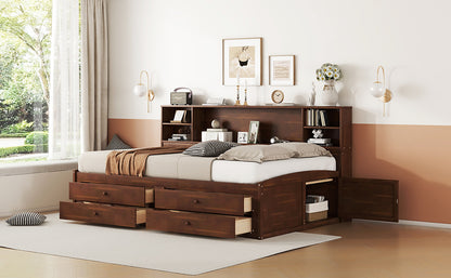 Elegant Antique Brown Full Size Wooden Captain Bed with Ample Storage and Built-in Shelves